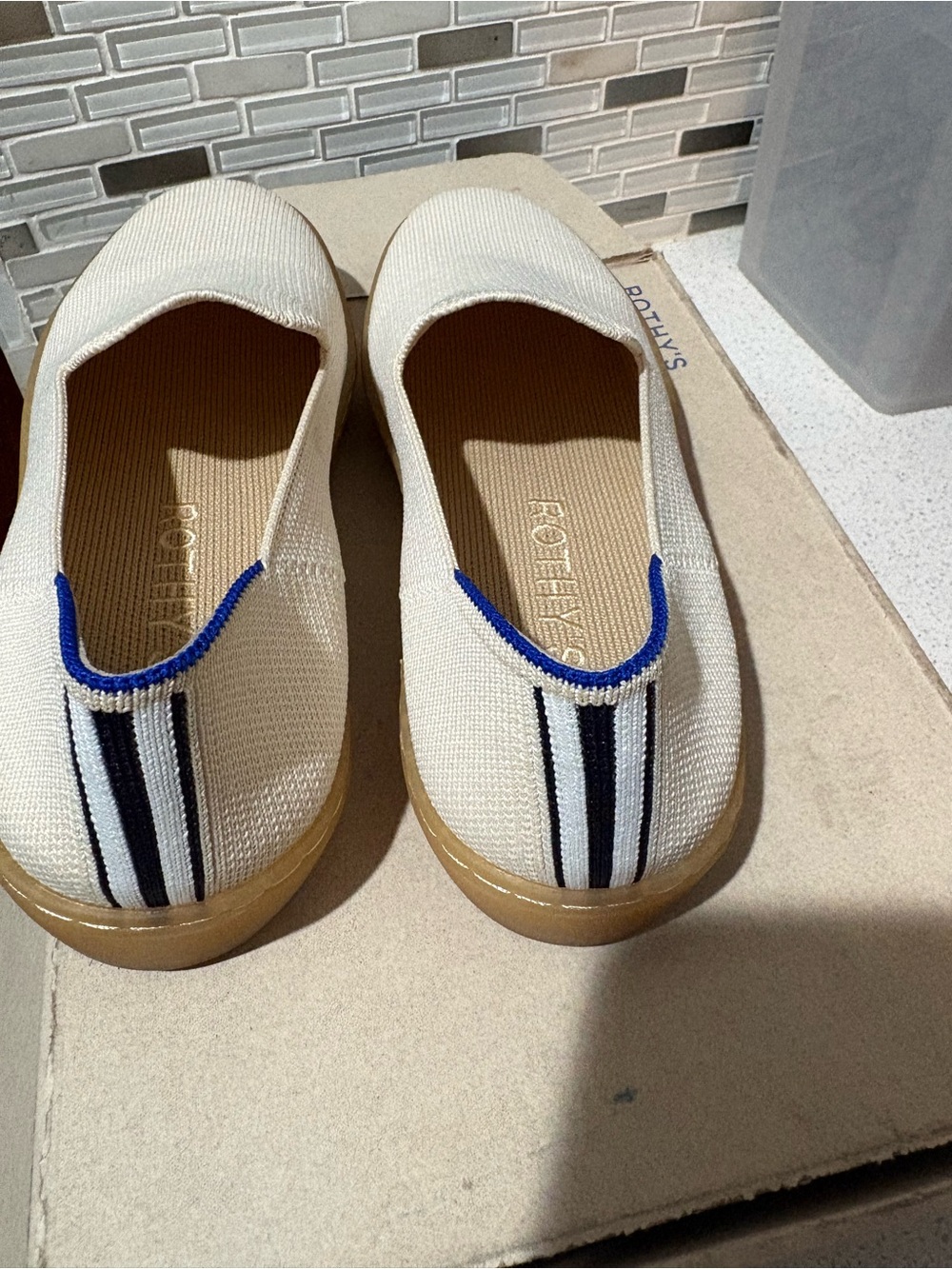 Rothy's Cream Espadrille Flats with Blue and Black Stripes